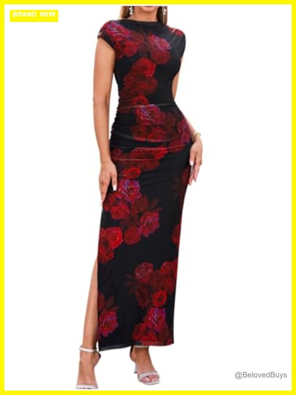Floral Mesh Bodycon Maxi Dress Ruched Cap Sleeve Wedding Guest